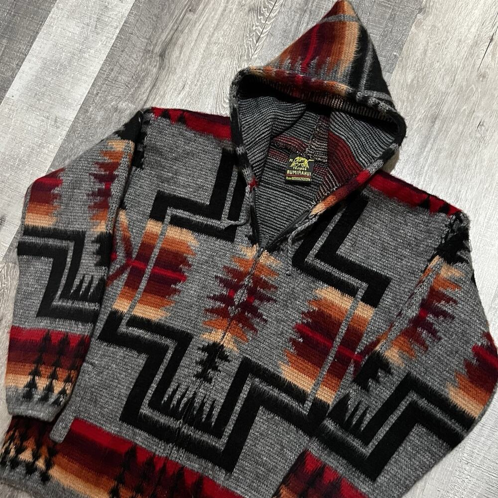 Tejidos Ruminahui Aztec Sweater Hoodie Alpaca Wool Red Ecuador Southwestern Sz S - Picture 3 of 4